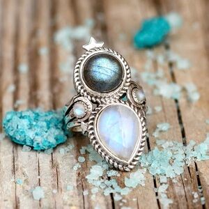 Boho Sterling Silver Labradorite and Moonstone Ring Size 10